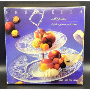 FRUITELLA Clear Glass Tidbit Platter 2 Tiers Vintage 7" & 10.5" Plates NEW Old